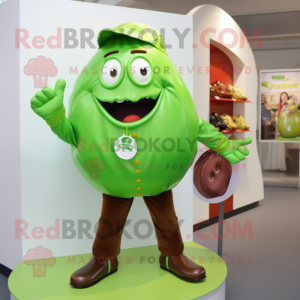 Lime Green Chocolates mascot costume character dressed with a Poplin Shirt and Belts
