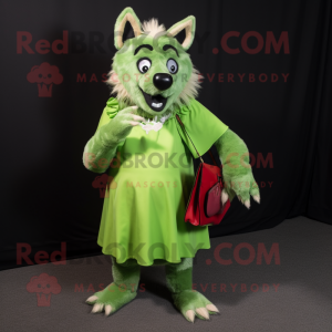 Green Hyena mascot costume character dressed with a A-Line Skirt and Clutch bags