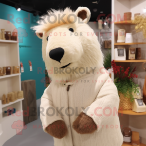 Cream Capybara mascot costume character dressed with a Sweater and Earrings