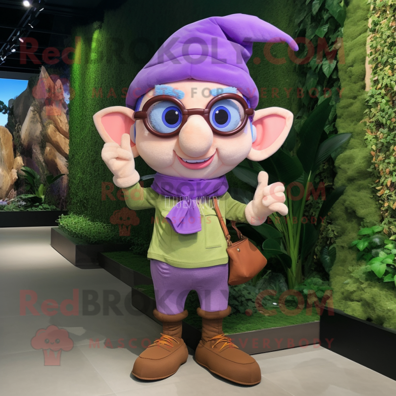 Lavender Elf mascot costume character dressed with a Cargo Shorts and Eyeglasses