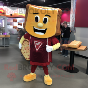 Maroon Grilled Cheese Sandwich mascot costume character dressed with a Henley Shirt and Keychains