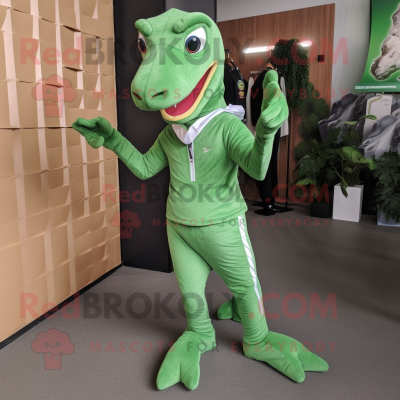 Green Coelophysis mascot costume character dressed with a Joggers and Clutch bags