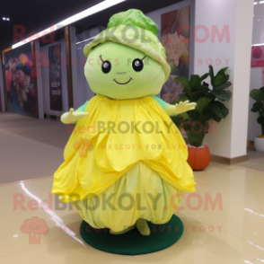 Lemon Yellow Cabbage mascot costume character dressed with a Evening Gown and Shawls