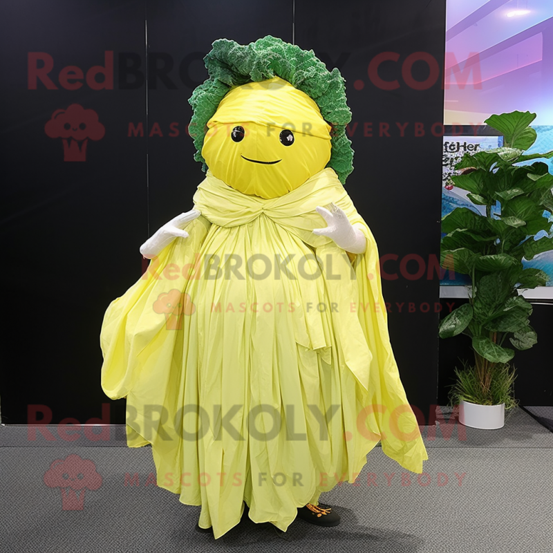 Lemon Yellow Cabbage mascot costume character dressed with a Evening Gown and Shawls