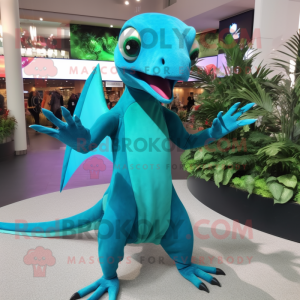 Turquoise Dimorphodon mascot costume character dressed with a Circle Skirt and Gloves