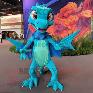 Turquoise Dimorphodon mascot costume character dressed with a Circle Skirt and Gloves