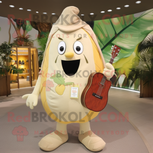 Beige Mango mascot costume character dressed with a Playsuit and Messenger bags