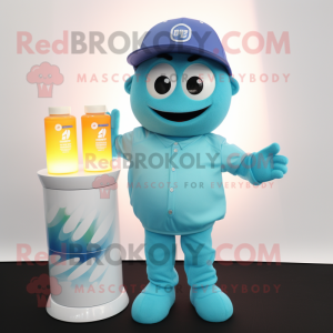 Cyan Scented Candle mascot costume character dressed with a Polo Shirt and Caps