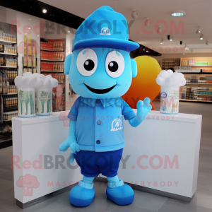 Cyan Scented Candle mascot costume character dressed with a Polo Shirt and Caps