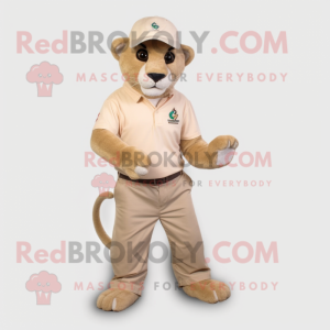 Tan Mountain Lion mascot costume character dressed with a Bermuda Shorts and Caps