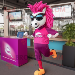 Magenta Mare mascot costume character dressed with a Running Shorts and Eyeglasses