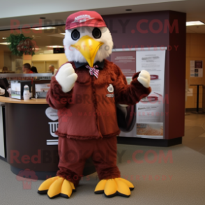 Maroon Bald Eagle mascot costume character dressed with a Skirt and Caps