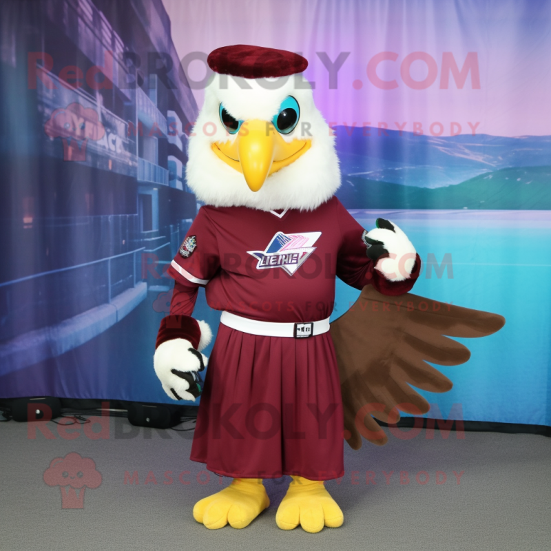 Maroon Bald Eagle mascot costume character dressed with a Skirt and Caps