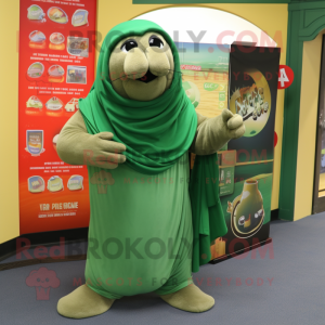 Green Sea Lion mascot costume character dressed with a Capri Pants and Shawl pins