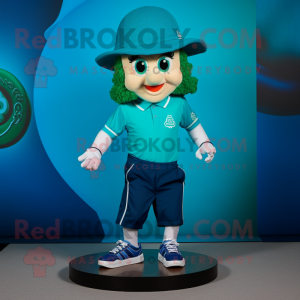 Cyan Irish Dancing Shoes mascot costume character dressed with a Polo Shirt and Caps