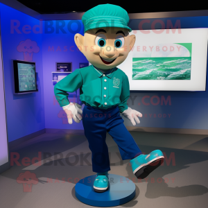 Cyan Irish Dancing Shoes mascot costume character dressed with a Polo Shirt and Caps