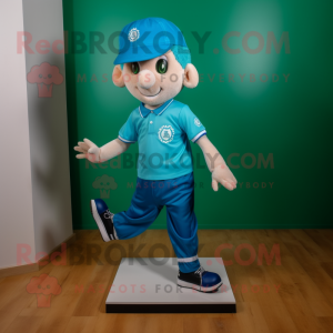 Cyan Irish Dancing Shoes mascot costume character dressed with a Polo Shirt and Caps
