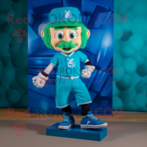 Cyan Irish Dancing Shoes mascot costume character dressed with a Polo Shirt and Caps