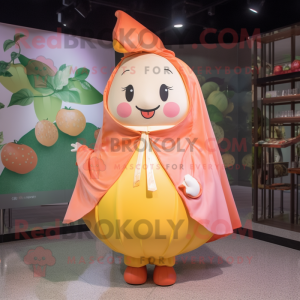 Peach Plate Spinner mascot costume character dressed with a Raincoat and Shawls