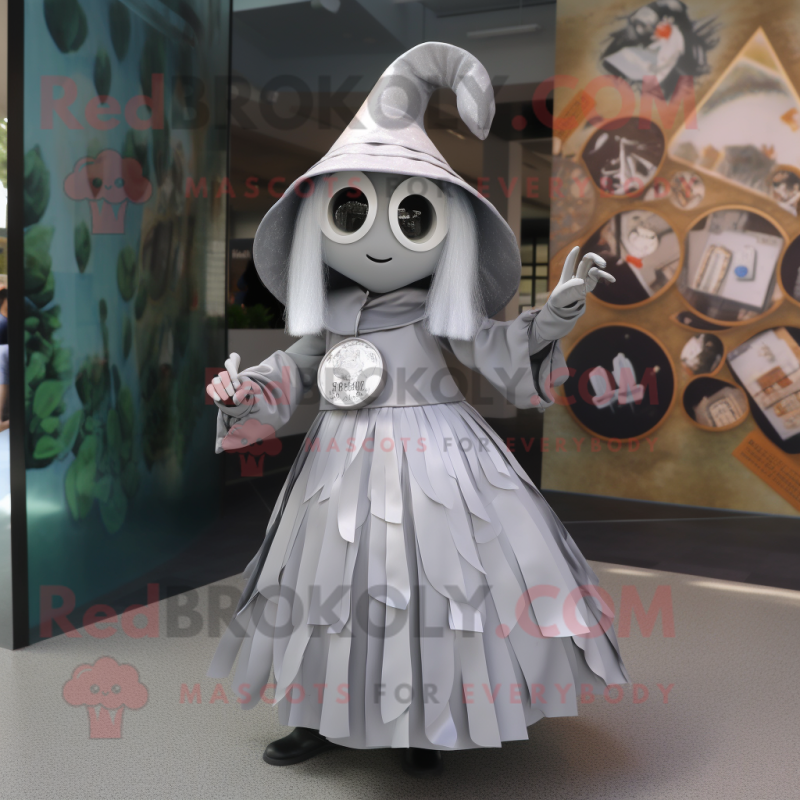 Silver Witch mascot costume character dressed with a Mini Skirt and Hat pins