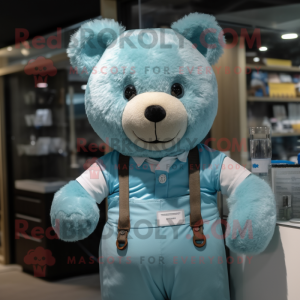 Cyan Teddy Bear mascot costume character dressed with a Overalls and Ties