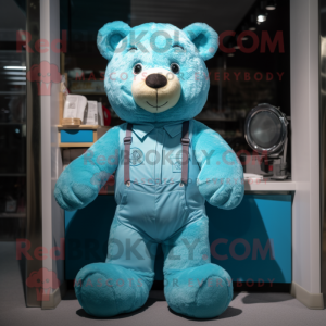 Cyan Teddy Bear mascot costume character dressed with a Overalls and Ties