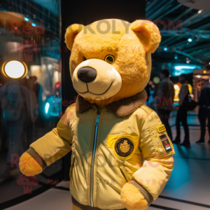 Yellow Teddy Bear mascot costume character dressed with a Bomber Jacket and Watches