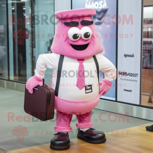 Pink Moussaka mascot costume character dressed with a Dress Shirt and Messenger bags
