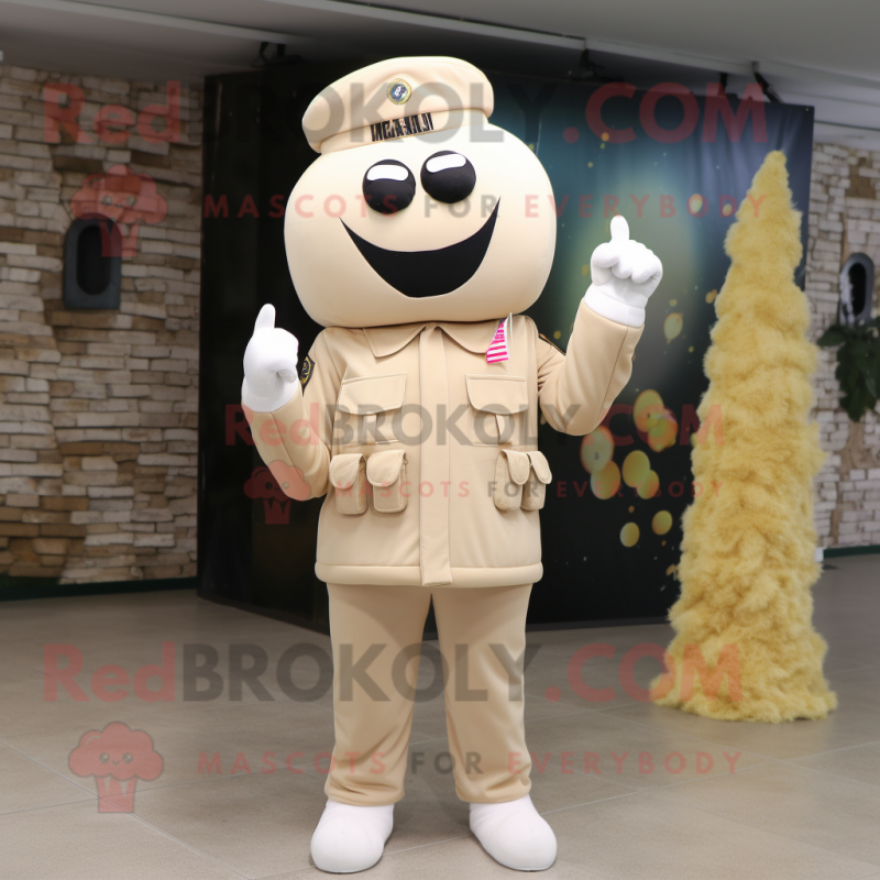 Cream Army Soldier mascot costume character dressed with a Flare Jeans and Hairpins