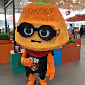 Orange Tacos mascot costume character dressed with a Leather Jacket and Reading glasses