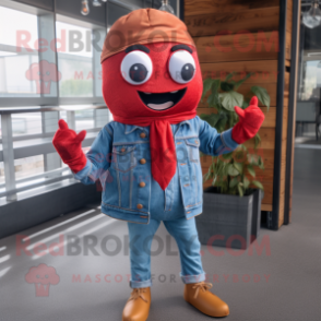 Red Burgers mascot costume character dressed with a Chambray Shirt and Scarf clips