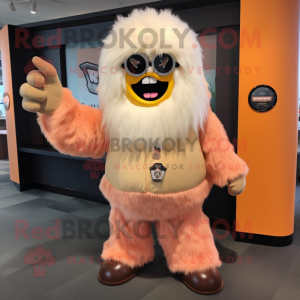 Peach Yeti mascot costume character dressed with a Leather Jacket and Shoe clips