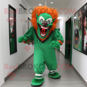 Forest Green Evil Clown mascot costume character dressed with a Polo Shirt and Clutch bags