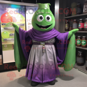 Purple Green Beer mascot costume character dressed with a Wrap Dress and Cummerbunds