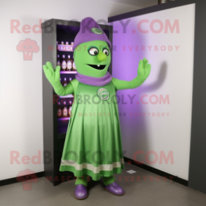 Purple Green Beer mascot costume character dressed with a Wrap Dress and Cummerbunds