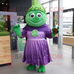 Purple Green Beer mascot costume character dressed with a Wrap Dress and Cummerbunds