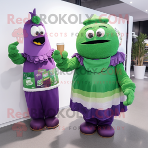 Purple Green Beer mascot costume character dressed with a Wrap Dress and Cummerbunds