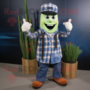 Navy Asparagus mascot costume character dressed with a Flannel Shirt and Bracelet watches