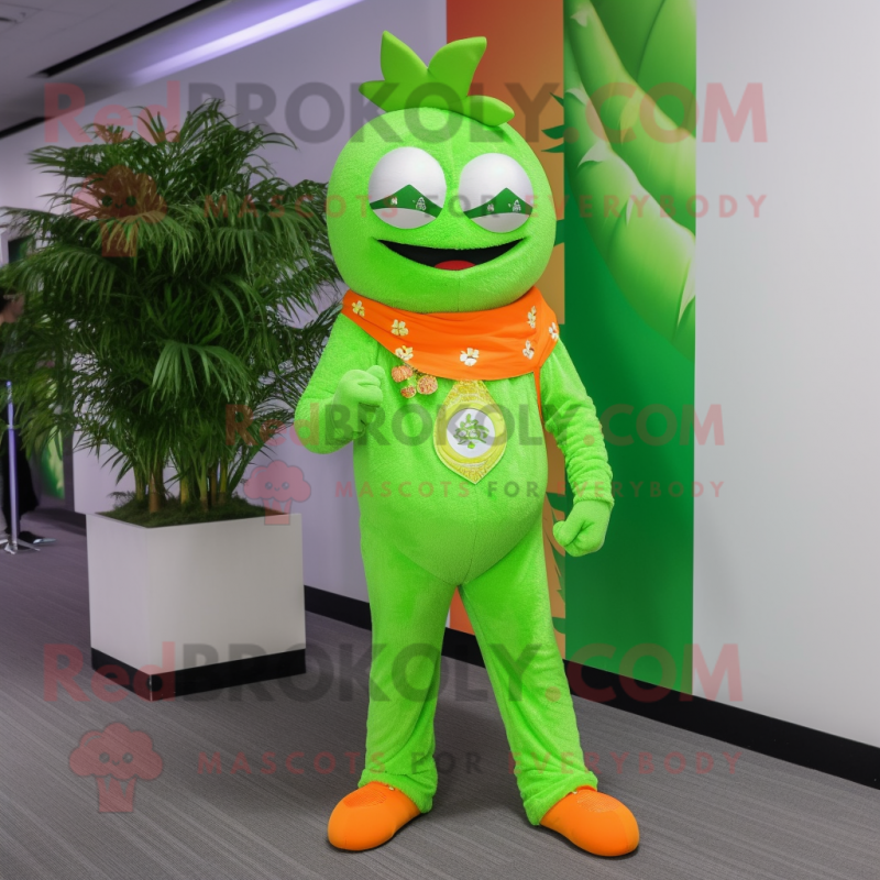 Lime Green Mandarin mascot costume character dressed with a Flare Jeans and Bracelets