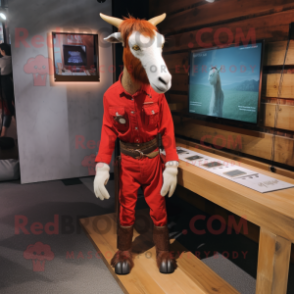 Red Boer Goat mascot costume character dressed with a Skinny Jeans and Lapel pins