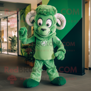 Green Ram mascot costume character dressed with a Jeggings and Ties