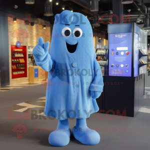 Blue Ghost mascot costume character dressed with a Button-Up Shirt and Mittens