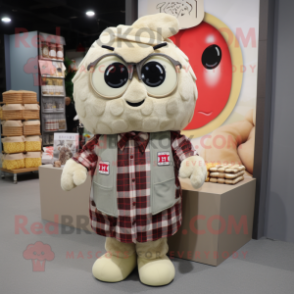 Tan Dim Sum mascot costume character dressed with a Flannel Shirt and Keychains