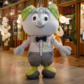 Silver Mango mascot costume character dressed with a Cargo Shorts and Bow ties