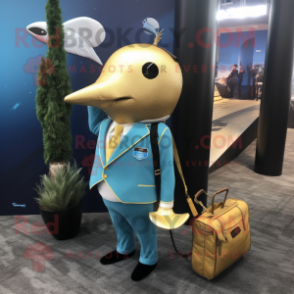 Gold Narwhal mascot costume character dressed with a Suit and Messenger bags