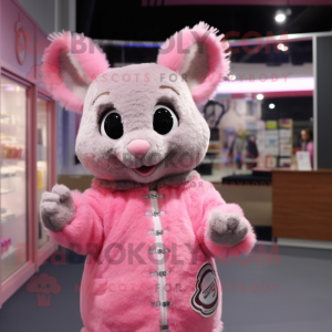 Pink Chinchilla mascot costume character dressed with a Sweater and Rings