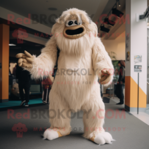 Tan Yeti mascot costume character dressed with a Jumpsuit and Shoe clips