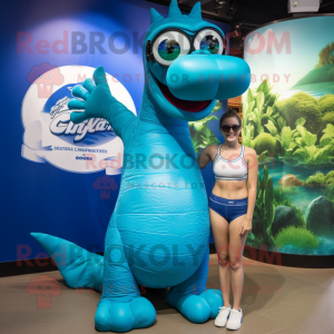 Blue Loch Ness Monster mascot costume character dressed with a Bikini and Eyeglasses