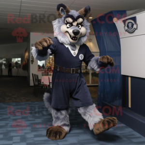 Navy Werewolf mascot costume character dressed with a A-Line Dress and Suspenders