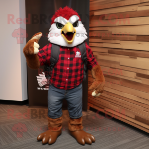 Red Hawk mascot costume character dressed with a Flannel Shirt and Backpacks